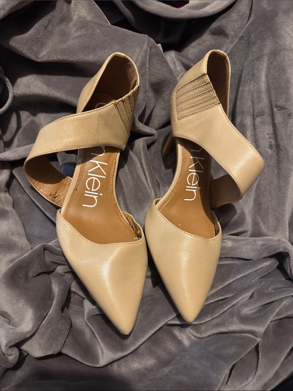 Calvin Klein Nude Pointed-Toe D'Orsay Heels with Asymmetrical Strap